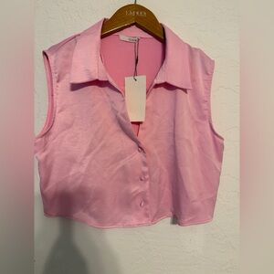 Zara Pink Sleeveless Button-Up Top Satin with collar